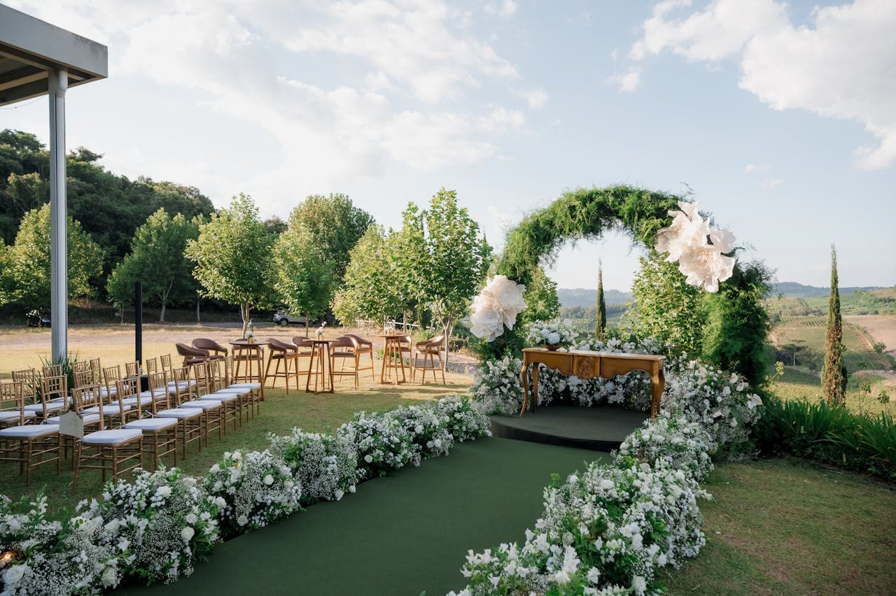 Wedding ceremony aisle with floral styling