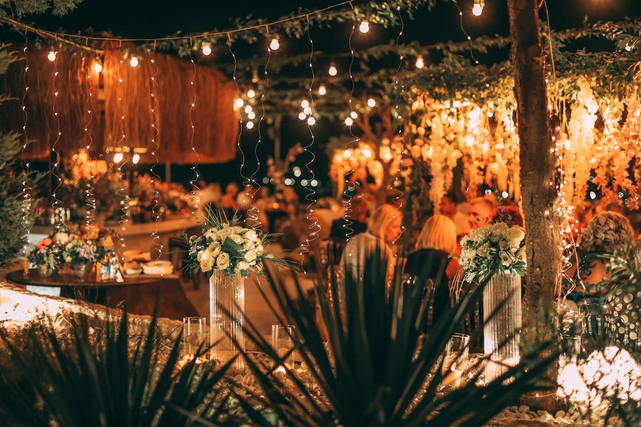 Wedding evening decor and lighting setup
